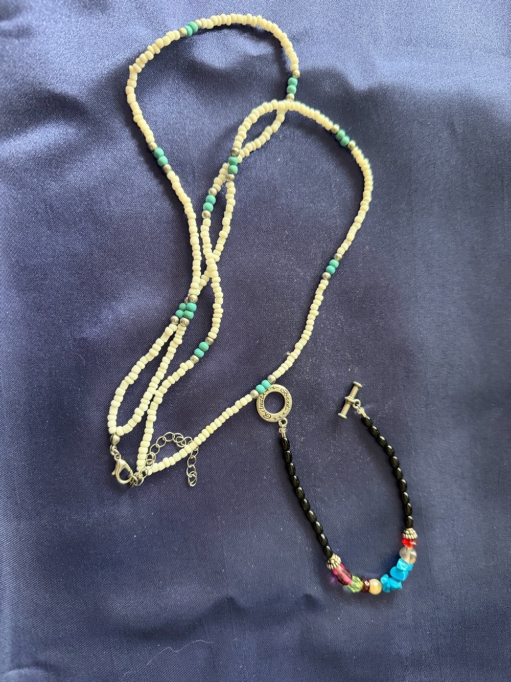 Beaded Layered Necklace and Bracelet Set in Cream, Turquoise, Black